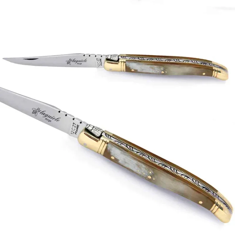 laguiole knife with blond horn handle and brass bolsters Iforge